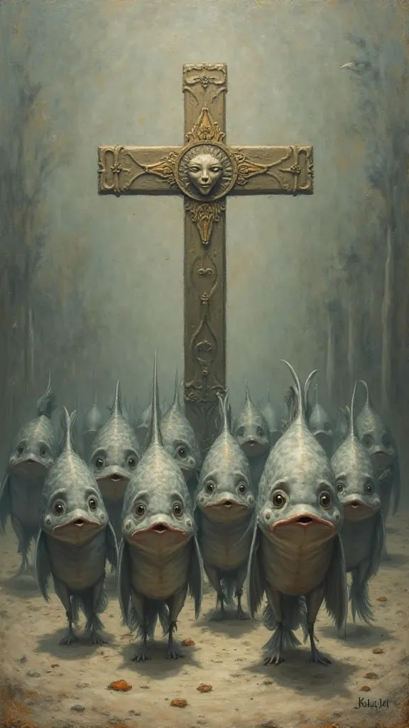 create an image for me, From a painting containing gray fish walking to the left and a goldfish walking to the left and a cross in the middle