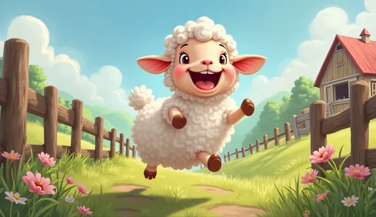 Create an image of a cute lamb on the farm, caricature type,  image for ren, excited