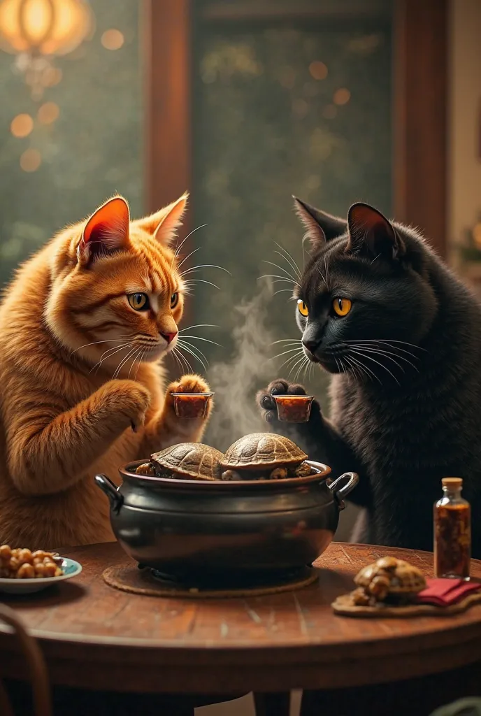 "Two large, anthropomorphic cats sit at a cozy wooden dining table in a dimly lit room, sharing a meal. One cat is a fluffy orange tabby, and the other is a sleek black feline. In front of them, a steaming hot pot filled with turtle shells simmers over an ...