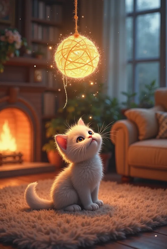 (A cozy living room with a fluffy kitten named Paws playing with a ball of yarn. The yarn ball suddenly starts glowing and floating in the air.)
Paws: (wide-eyed, tilting head) "Meow?!"