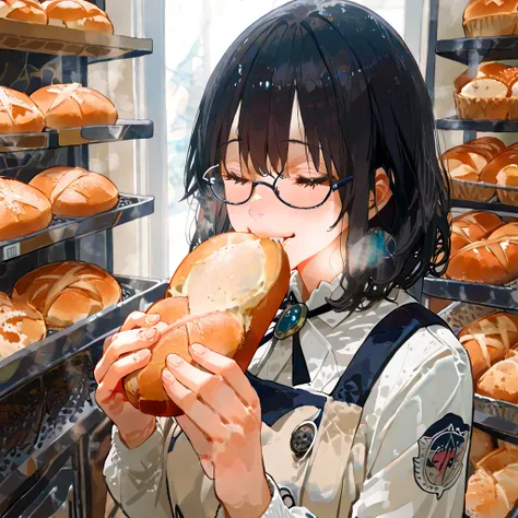 Anime style. The scene takes place inside a cozy bakery, with shelves filled with freshly baked bread and pastries. At the center of the image is a 23-year-old baker, standing 1.60m tall, with short, curly black hair and light skin, wearing a traditional w...