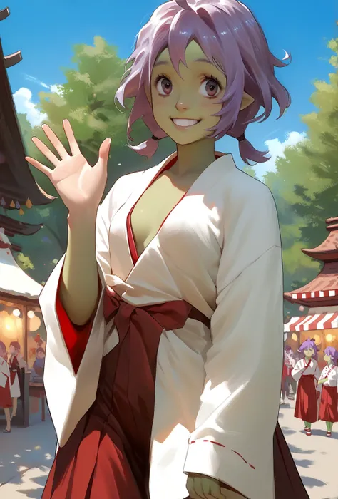 score_9, score_8_up, score_7_up, score_6_up, source_anime, 1girl, solo, Haruna, tsharuna, green skin, (miko clothes, red hakama and white yukata), small breasts, waving, looking at you, smile, blue sky, trees, festival, outdoors