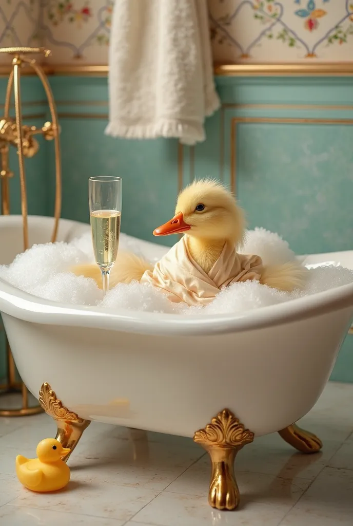 A sophisticated duck in a bubble bath – A well-groomed duck reclines in a vintage clawfoot bathtub filled with fluffy white bubbles. The duck wears a tiny silk bathrobe and has a glass of champagne on the edge of the tub. A small rubber duck floats nearby,...