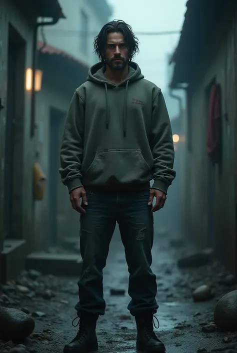 A slightly muscular white man, with untidy medium black hair, light blue eyes,  wearing a hoodie ,  wears jeans and black boots .