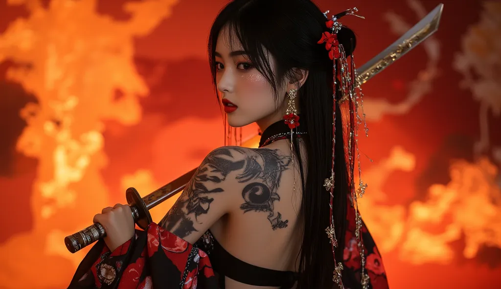 This image features a woman with a modern samurai aesthetic, wearing traditional Japanese clothing in red and black with floral print. She has long dark hair decorated with red flowers and gold accessories, as well as dramatic eye makeup in red.

 his face...