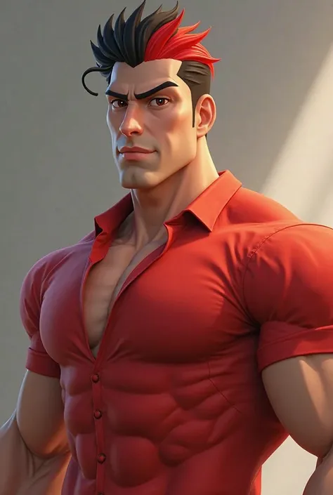 Adult cute muscle with black hair with a red tuft red shirt and very handsome 