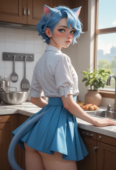 Femboy, blue hair, blue eyes, blue cat ears, blue cat tail, skirt, top, blushing, kitchen background