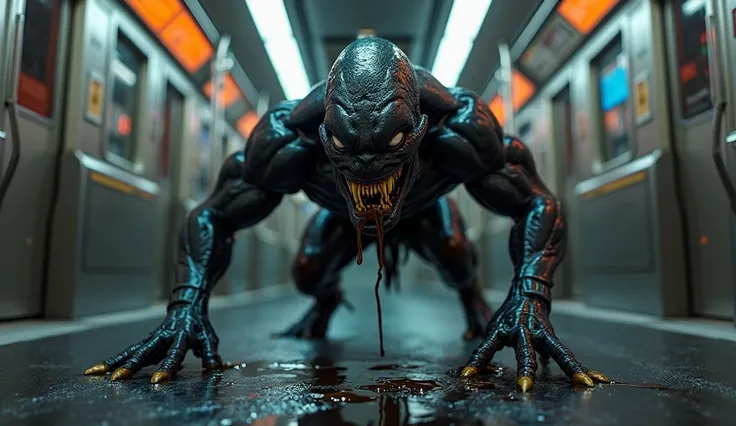 "A highly detailed, cinematic 3D-rendered image of a monstrous black symbiotic creature with a muscular body, crouching aggressively in a dimly lit futuristic train or subway. The creature has an elongated mouth filled with sharp, yellow teeth and large wh...