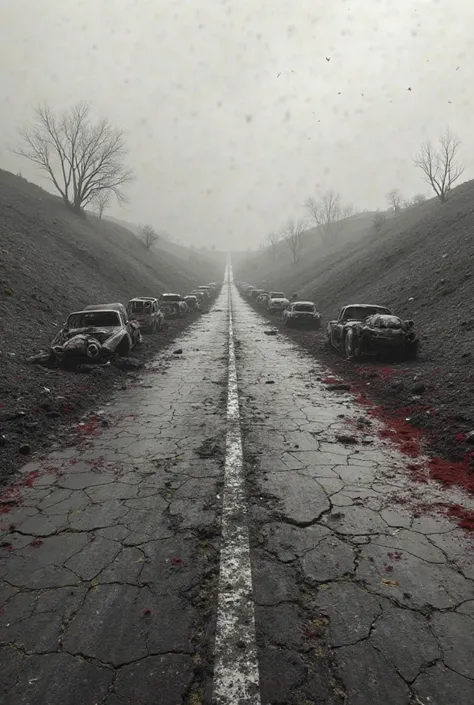 long road
Bleeding s on the sides of the road
and wrecked cars 
Black and white picture