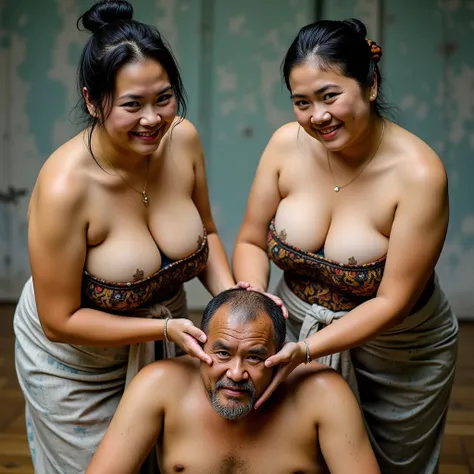 Two mature Russian ladies, very large breasts, hips curvy, bunned-up hair, light-coloured sarong, top-down view, looking at camera, smiling, bending down, washing the head of a middle-aged Chinese man, hyper-realistic image