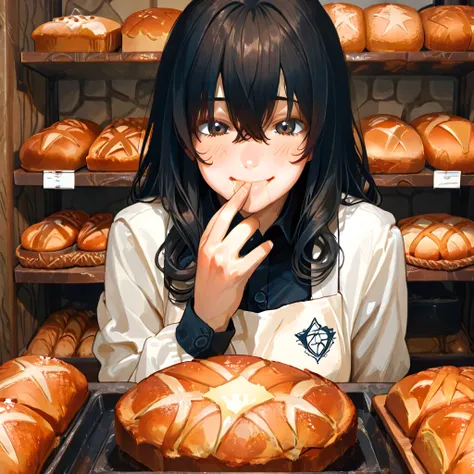 Anime style. The scene takes place inside a cozy bakery, with shelves filled with freshly baked bread and pastries. At the center of the image is a 23-year-old baker, standing 1.60m tall, with short, curly black hair and light skin, wearing a traditional w...