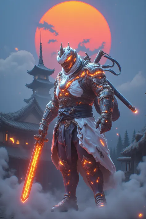 １Fat Man、 male、warrior、Armor、fat、 Japanese、Japanese castle in the distance、blue sky、The big sun in the background 、Wear Crimson Flame、holds a brightly colored, fantastic god soldier's weapon、20 years old、smile、obesity