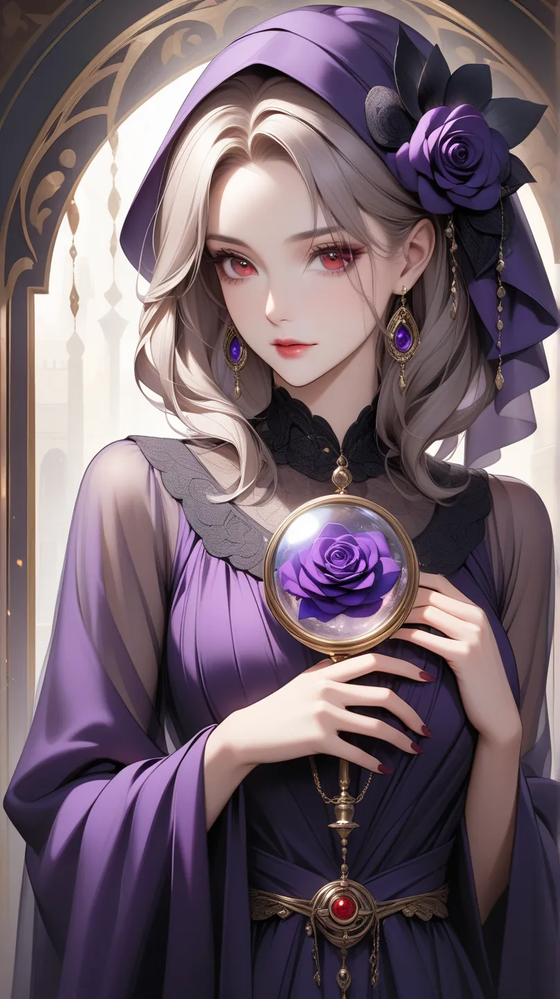  masterpiece,   Graceful mature red-eyed woman,  perfect face , perfect style,  I'm holding a black rose in a purple dress, HD, semi-realistic,   perfect art ,  Fortune Teller