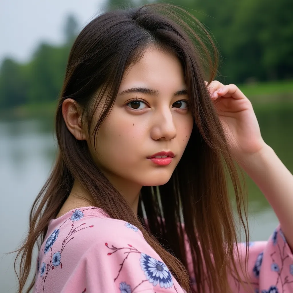  adventure , 画像teeth ,  straight hair . 彼女teeth白い壁の前に立っており、 she's staring directly into the camera with a serious expression . 女性teeth白いブラウスに、 pink and blue floral pattern .   。彼女の髪teethゆるい波状に整えられ、It's falling off my shoulder . ライティングteeth柔らかく自然,  teeth、It...