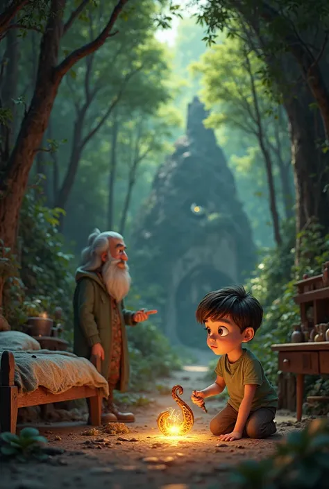 Scene 1: The Mysterious Forest**  
   *Prompt:* A lush, magical forest in Pixar-style 3D animation. The trees are tall and vibrant, with sunlight streaming through the leaves. A cute young boy with big brown eyes, light brown hair, and fair skin, wearing a...