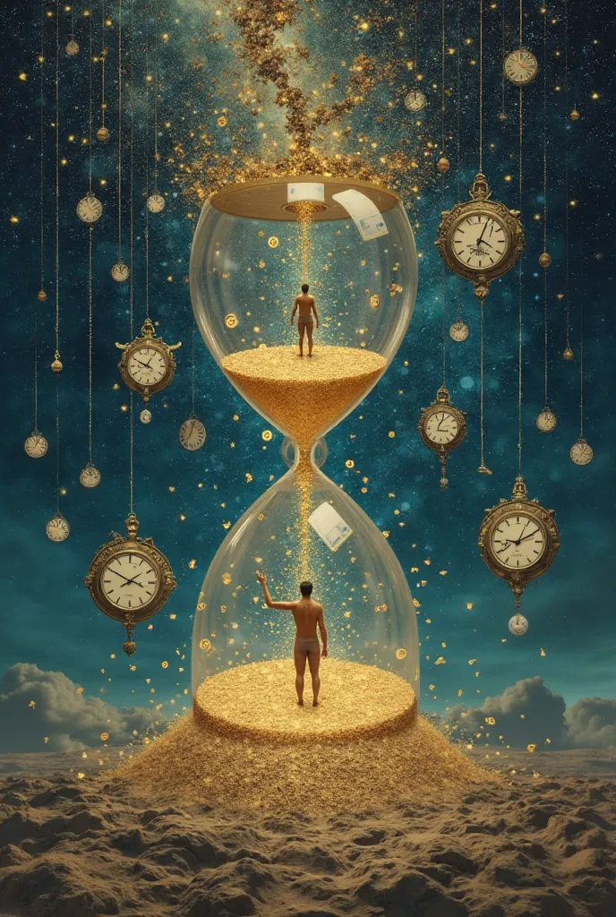 A powerful symbolic image representing the ego as a prisoner of time. A giant hourglass stands in the center, with a human figure trapped inside the lower chamber, desperately reaching upward. The sand flows from the top chamber, but instead of sand, it co...