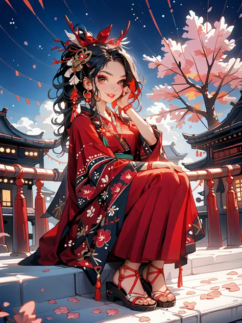 ( crouch)、young age beauty( smile like a , black hair,slender figure,supple and curved proportions that glow in Prism School's rainbow colors,Captivating legs）。
(Sumptuous gold thread embroidered cherry blossoms and auspicious patterns、The finest red silk ...