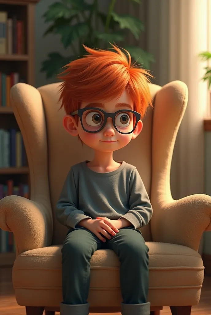 a young boy from , Short-haired redhead with dark glasses sitting on a beige armchair 