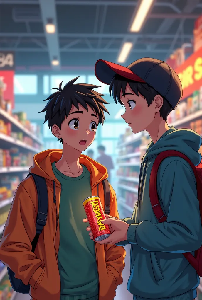 Two 16-year-old boys, one with a cap on their heads, looking at an angry energy drink in the supermarket. 