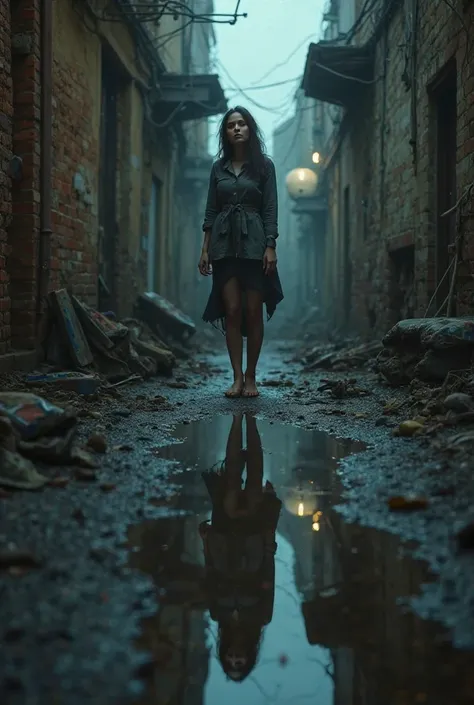 In a dirty alley, a sad woman contemplates a puddle where her reflection shows a man ,Her great love, lost between dream and reality.