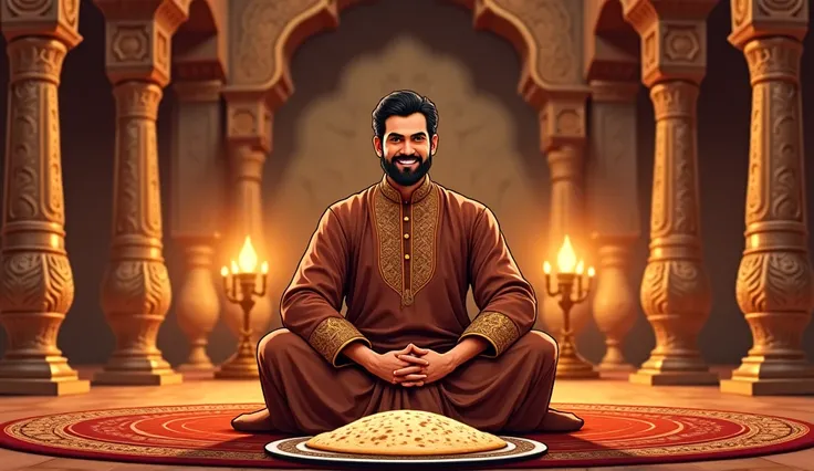  wealthy man calm smile with a well-groomed beard and tied-up hair sits cross-legged on the floor inside a grand ancient house. He wears a rich brown traditional outfit with intricate embroidery, reflecting his high status. His forward-facing view highligh...