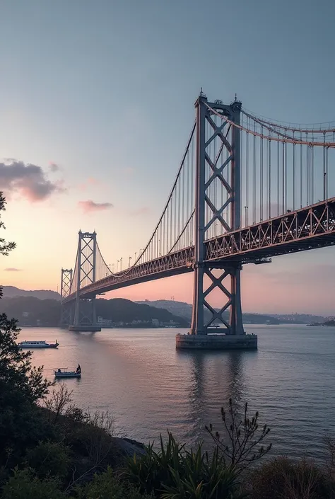 Create a photorealistic image of the 25 de Abril Bridge, in Lisbon, Portugal, at dusk. The bridge must be represented in an authentic way,  with realistic details , natural lighting and colors faithful to reality. The sky can have soft shades of orange and...