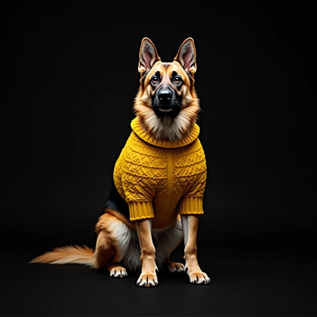 (((German Shepherd wearing an 8k yellow sweater)))  black background, Professional Lighting, Let's make a masterpiece