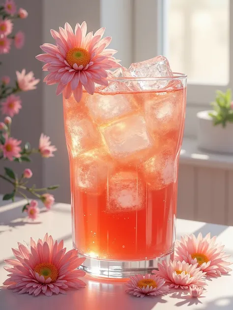 Chrysanthemum juice in a clear glass with ice, high resolution,  great works, precise,  Anatomically Correct,  praised many times,  quality ที่ดีที่สุด,   Details,   Detailsสูง,  quality ,   Detailsมาก,  high resolution ,  Realistic texture  ,  White Light...