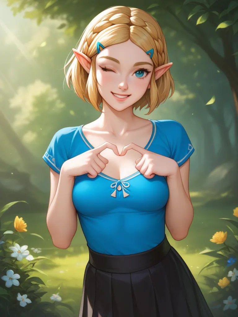 princess zelda (BotW style), short hair, Slim body, wear (blue top shirt, black short skirt), finger heart, smile face, wink