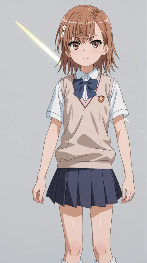 (UHD, retina, masterpiece, accurate, anatomically correct, super detail, high details,   highres, 1080P, 16k、high detail RAW color art:1.3)、 (misaka mikoto:1.3)、(short hair, brown hair:1.3)、(very flat chest:1.5)、(shiny skin:1.3)、(skirt, shirt, school unifo...