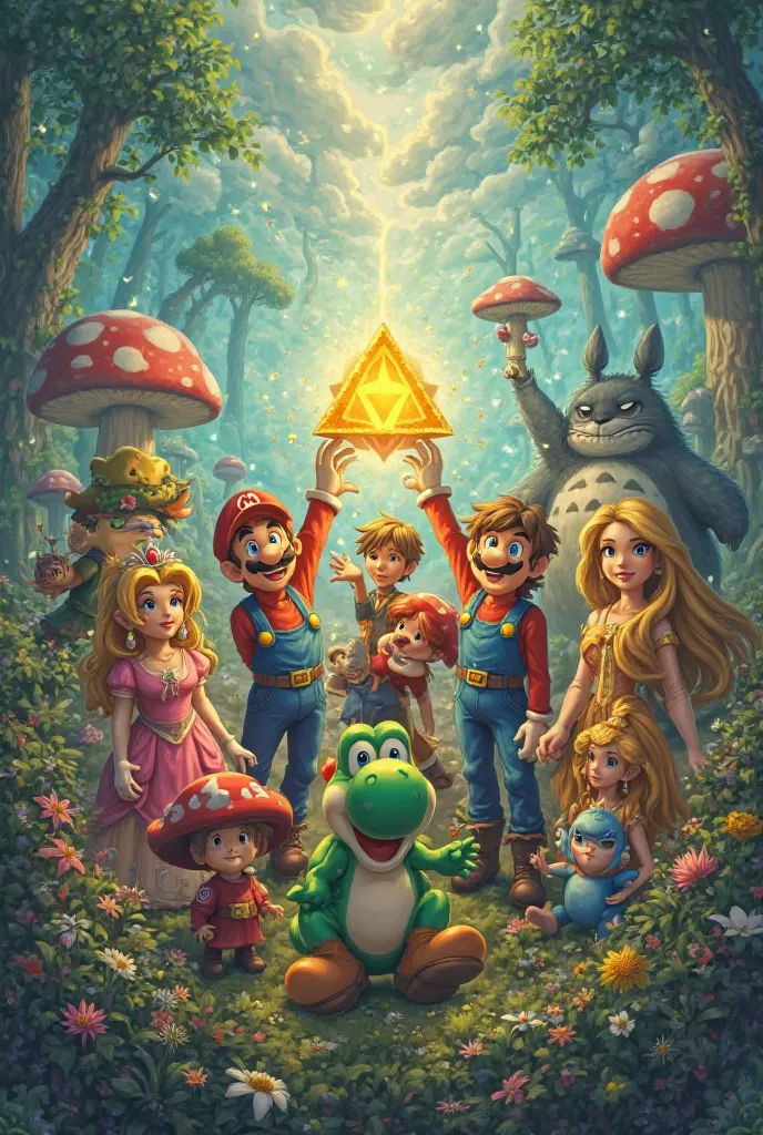 Mario Bros, Luigi, peach, yoshi, Toad,  stich , Mickey mouse, Chesire's cat from Alice in Wonderland, Chihiro, Totoro and Rapunzel; All holding the triforce of The Legend of Zelda