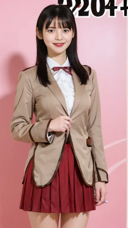  school uniform, ribbons, pleated skirt， red lipstick，eyeshadow，smile，Take a full-body photo，stylish，style is outstanding， soft big breasts，Japanese Female， Brown Blazer，Beautiful legs