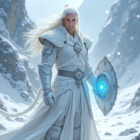  a male warrior  , long-haired albino  , wears white dragon armor  , Carries a magical blue glowing ball in his hand and a dragon shield in his hand, The background is a snow landscape 
