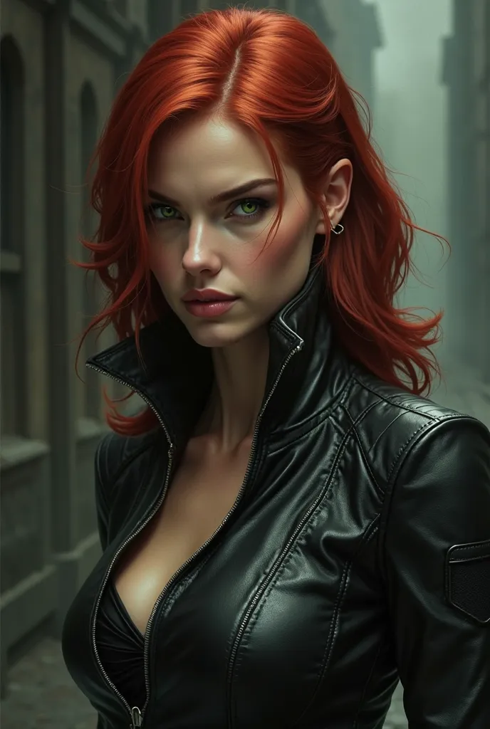 woman wearing tall leather jacket with red hair chin prominent green eyes