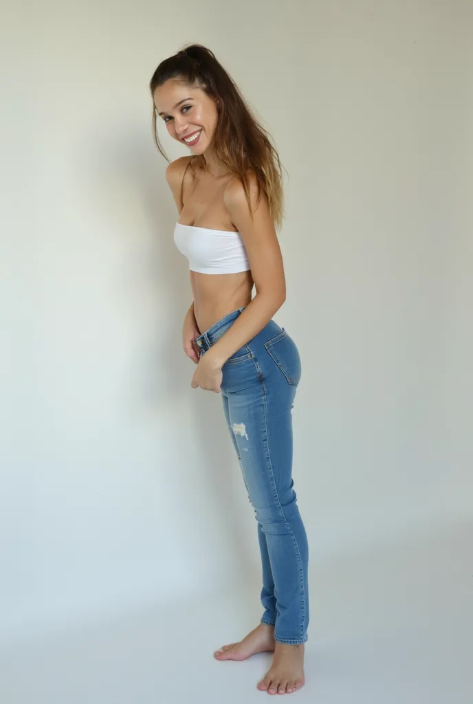 ALEXIS-REN, One girl, tight blue jeans and white solid low cut colored crop top , showing off and smiling, sexy, beautiful girl, innocent, all alone, bending down to show  ass off to the camera, clear eyes