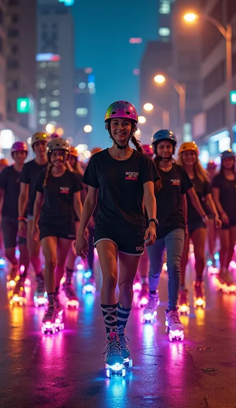 mass group of 21 year old handsome men and women,  wearing glowing luminous roller skates, black t-shirts, helmet in various colors and protections,  t-shirts invading the city at night