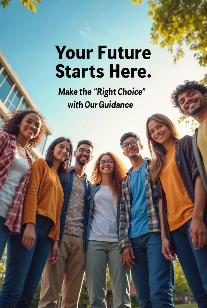 A vibrant, inspirational scene with diverse students of different ethnicities standing together, smiling in front of a university or office building in Malaysia. The sky is bright, with sunlight shining, symbolizing hope and opportunities. Text: 'Your Futu...