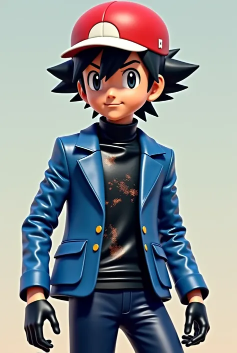 Early age boy 、pokemon ash、 word、 black hair、 red cap with white front、Shiny blue leather blazer with mud、glossy black vinyl high neck sweater、 black gloves、shiny dark blue leather tight pants、3d