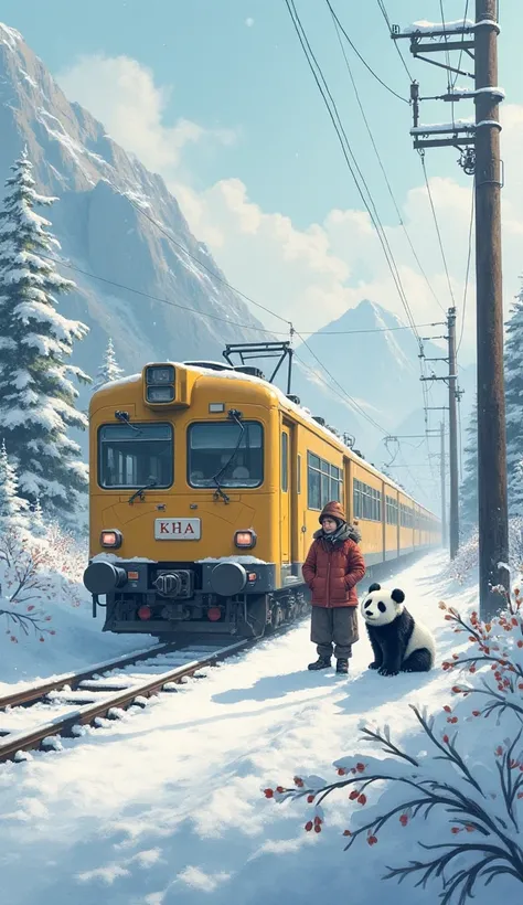 The yellow-colored train is stationary on the tracks, with its driver standing in front of it. The panda and its baby are also standing nearby. The scene is set in a snowy area."