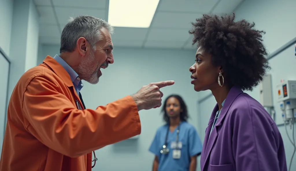 white doctor wearing orange hospital coat pointing finger and yelling in the face of a black nurse wearing purple coat with open-mouthed patient in the background with the situation