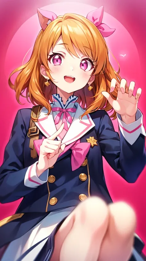 orange hair,pink eye， pink ribbon，Light　Oozora　，white background,Claw Pose,cute,Open your mouth slightly, double teeth,perfect hand