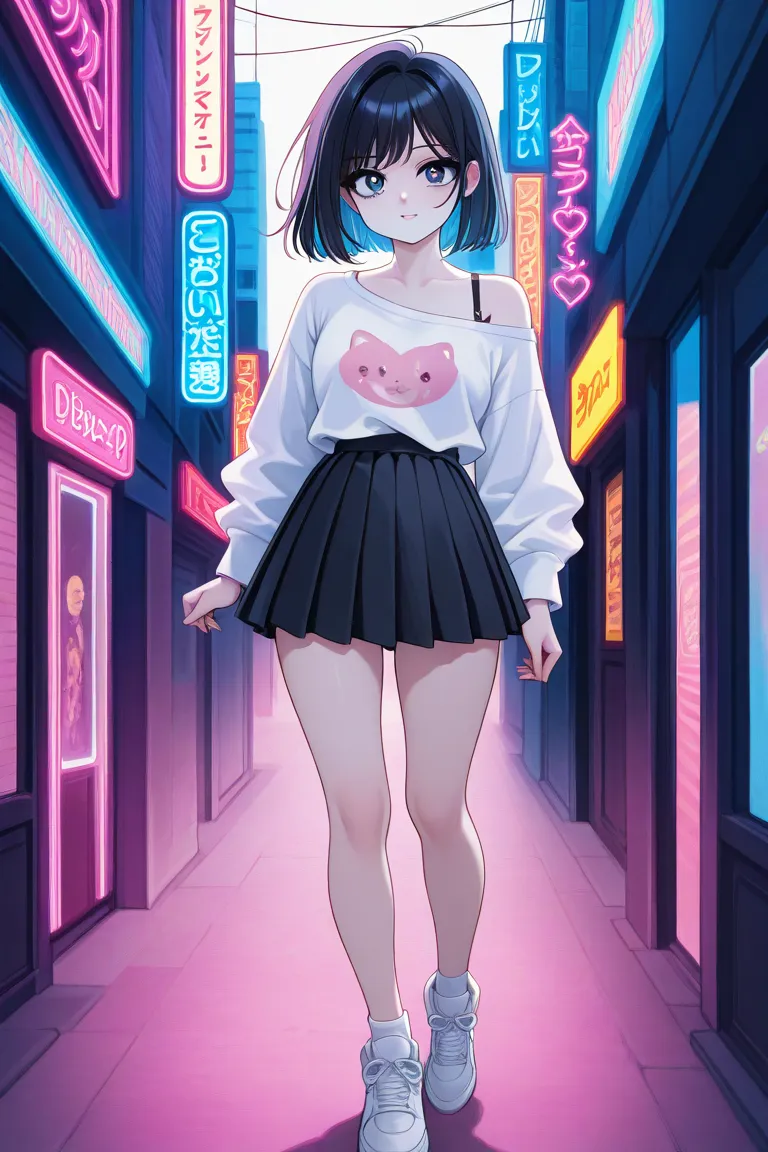  An anime-style illustration inspired by the 1990s ,  A beautiful girl with sharp eyes and dark hair appears in the scene , shortcuts, She exudes an urban pop vibe, The background is soft , Incorporates elements such as neon lights and cityscapes I will. T...