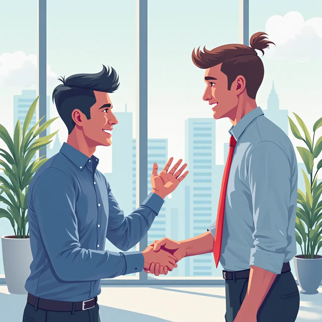 Create a realistic illustration based on the concept of 'Customer Flow Growth Algorithm.' The image should depict a customer and a company employee interacting. In the background, showcase the working process, representing the company environmen sholud be ...