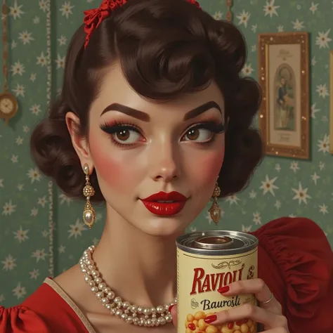 Pretty woman with red lips and canned ravioli, retro style 