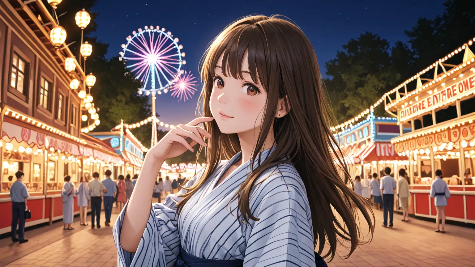 dating scene at an amusement park、Only 2 people are shown、They're both on good terms、The boy and girl are both high school students the same age、The camera shows the entire distance、boy and brown-haired girl、is shooting、Summer yukata、The girl is wearing a ...