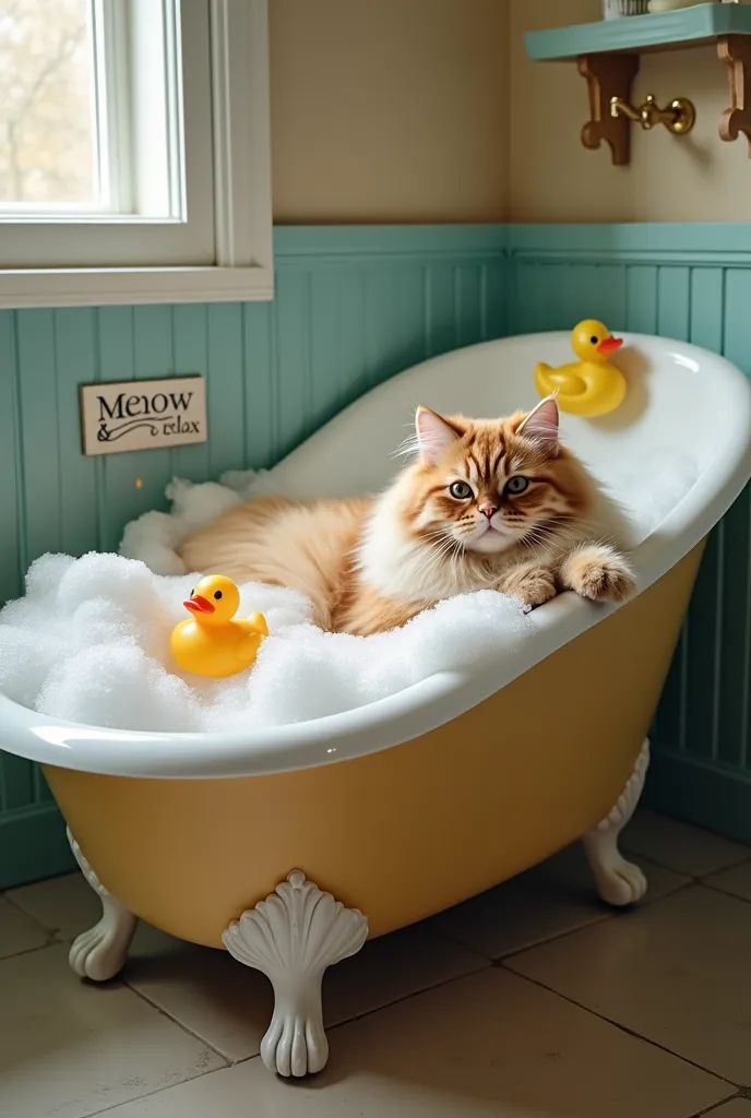 A fluffy cat lounges in a clawfoot bathtub overflowing with bubbles, one paw lazily hanging over the edge. A rubber duck floats nearby, and a "Meow & Relax" sign hangs on the wall. The cat has a content, pampered expression.