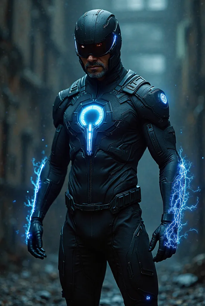 Please make me an image of a costume with a black magnet with electric blue details that also has energy absorption gloves and a tactical visor
