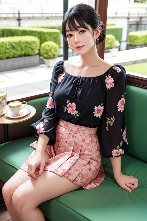 (High Definition), Lady, Japan Person, Cute, Black Hair Short, wearing Floral Print Round Neck Short Bubble Sleeve Blouse, Flair Skirt,Trad Style For Female,  Glance, Straddling Big Sofa, At Hotel Garden Terrace Cafe, After noon Tea Set & Some Books on a T...