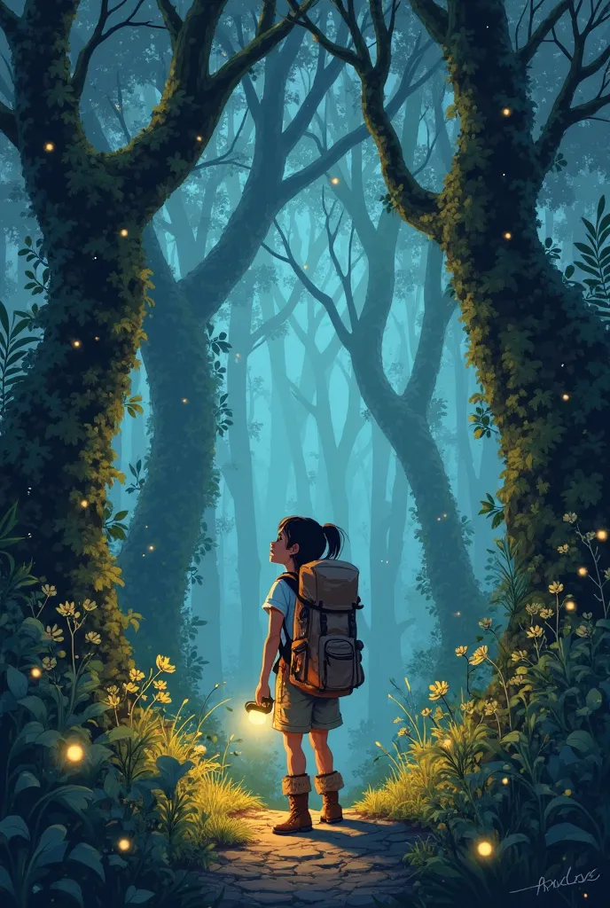 A brave  girl named Selyn, dressed in an adventure outfit with a backpack and flashlight, steps into a dense and mystical forest at twilight. The towering ancient trees are covered in glowing moss, and the air is filled with fireflies. A soft mist swirls a...