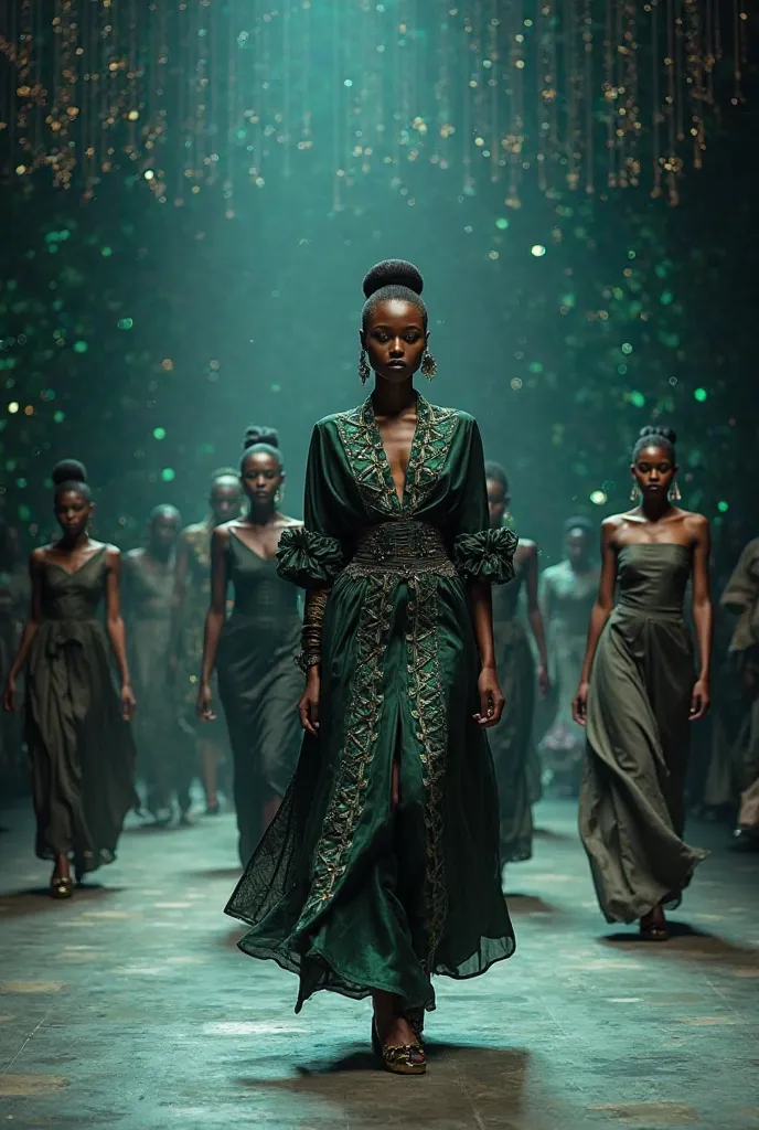 Create a fashion space showing a runway of models wearing Noir and sage African designs Dark blue